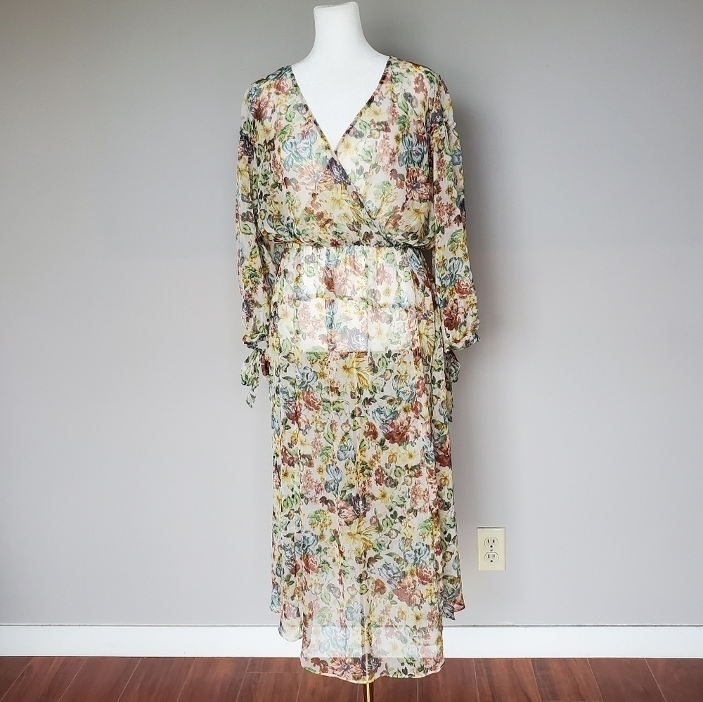 Zara Sheer Floral Cottagecore Tie Sleeve Romantic Flowy Crepe Overlay for Dress